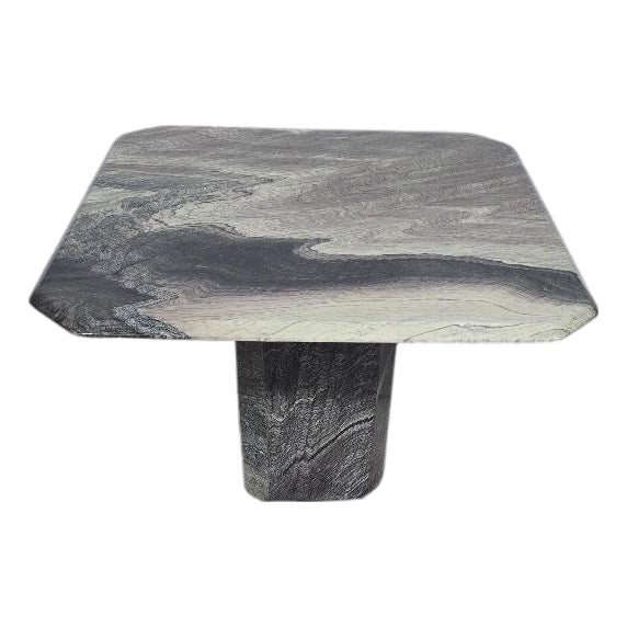 Late 20th Century Contemporary Polished Marble Pedestal Side Table – Gray & Cream Veined Natural Stone Accent Table For Sale