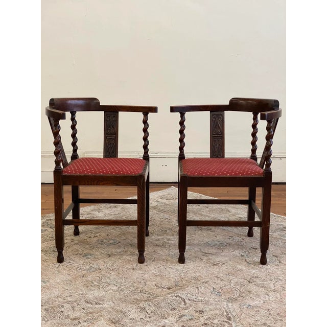 Nice set of Circa 1890 Barley Twist Corner chairs. A bit of carved detail and nice detail on bottom of legs. Solid and...