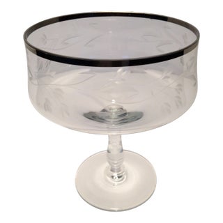 Platinum Rim Floral Etched Crystal Pedestal Bowl For Sale