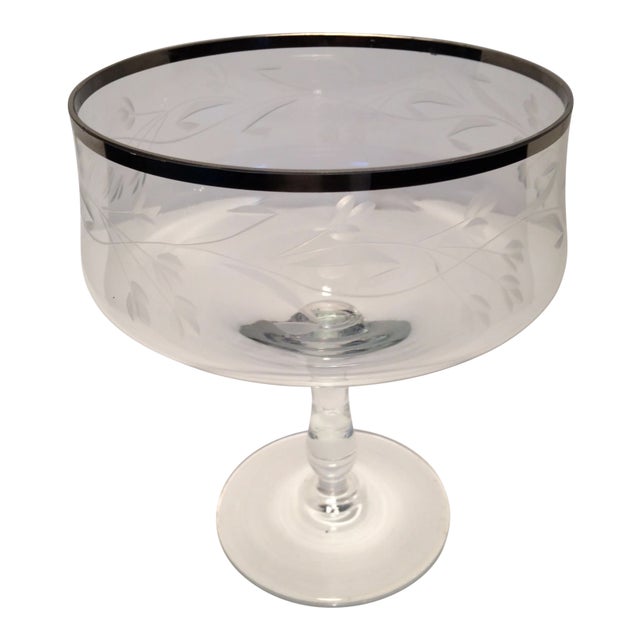 Platinum Rim Floral Etched Crystal Pedestal Bowl For Sale
