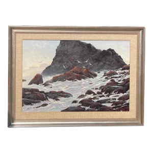 Original Large John Loughlin 'crashing Waves Maine Coast' Seascape Oil Painting
