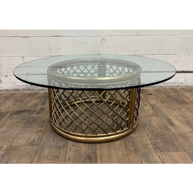 Vintage Boho Style Rattan and Glass Round Coffee Table Cocktail Table For Sale - Image 9 of 15