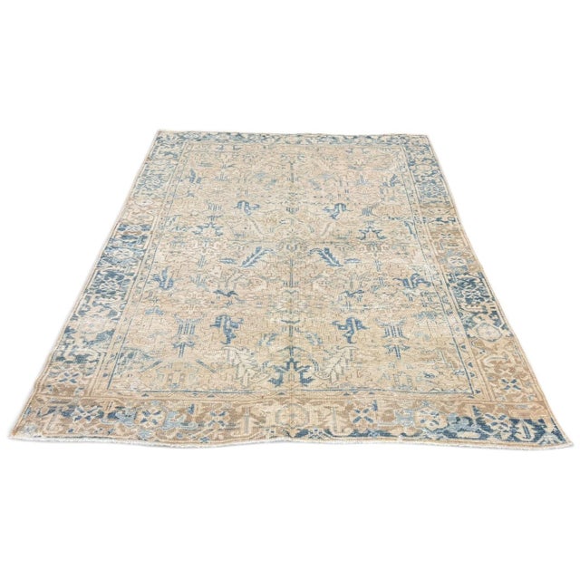 Antique Heriz Rug Faded Ivory With Blue Stylized Motifs For Sale - Image 4 of 4