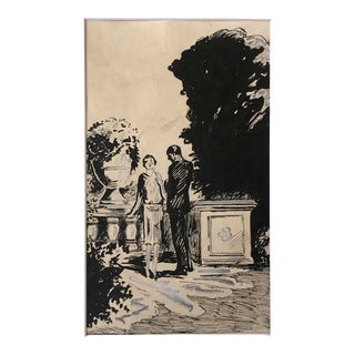 Vintage Original Pen and Ink Illustration Drawing Romantic Couple on Veranda For Sale