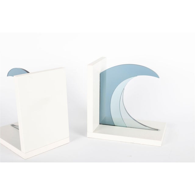Contemporary Pair of Modern Minimalist Blue Lucite Cresting Wave Bookends For Sale - Image 3 of 4
