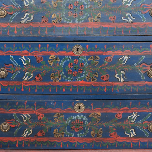 Late 19th Century Original Hand Painted Blue Blanket Chest of Three Drawers From Hungary For Sale - Image 14 of 18