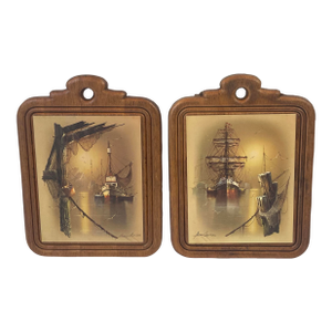 Vintage Ship Prints Decopage on Board- A Pair