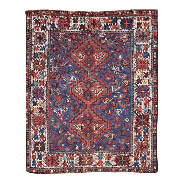 Antique Persian Shiraz Rug With Indigo Field and Diamond Medallions For Sale