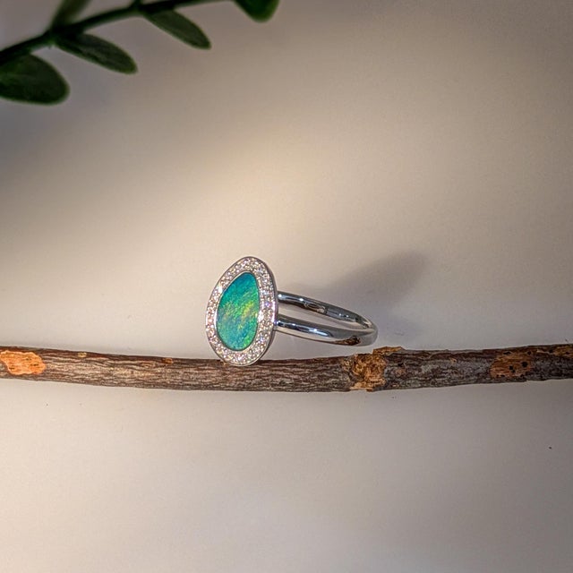 1ct Boulder Opal Ring W Diamond Accents in 14k Gold | Fancy Shape 9x7mm For Sale - Image 4 of 7