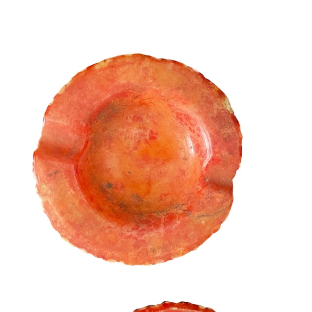 Set of 4 late 20th century hand carved Italian alabaster ashtrays/trinket dishes--2 each in red and amber. Rough hewn,...