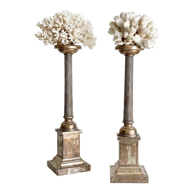 Pair of Vintage Neoclassical Carved Water Giltwood Columns With Natural Specimen For Sale