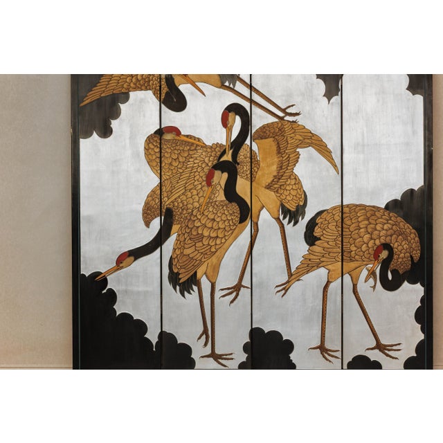 Black Vintage Chinese Four-Panel Screen with Silver Ground and Hand-Painted Cranes For Sale - Image 8 of 12