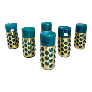 Mid 20th Century Mexican Hand-Blown Caged Blue Art Glass and Brass Glasses Made by Jomeli - Set of 6 For Sale