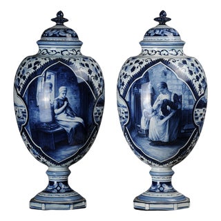 Antique Delft Lidded Vases, 20th Century, Set of 2 For Sale