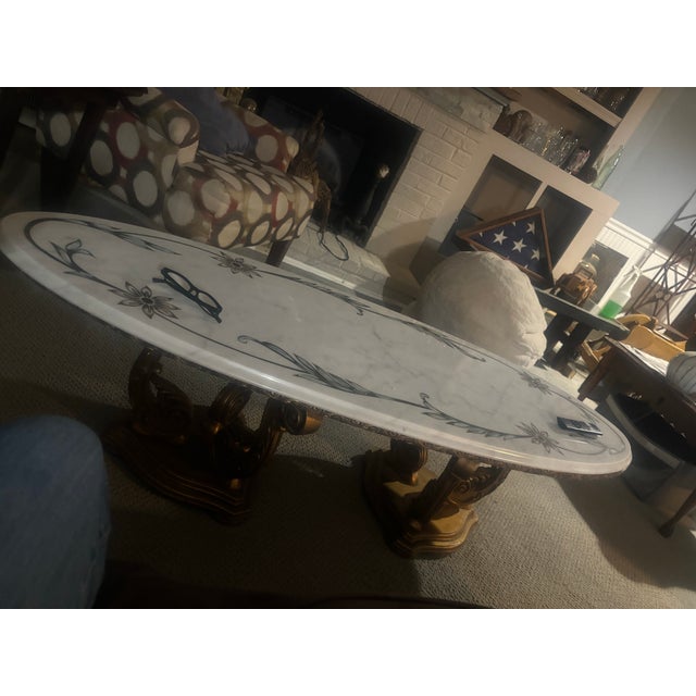 beautiful italian hand etched marble table in almost new condition , very heavy slab of marble . done in shades of blue...