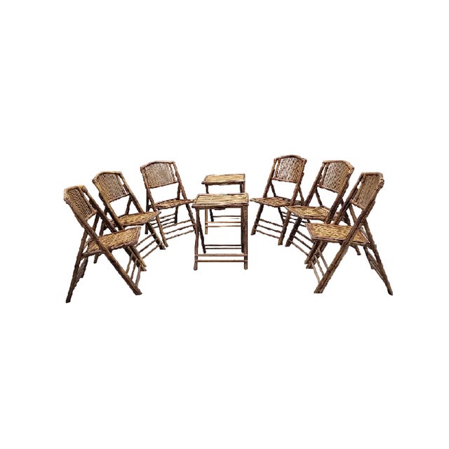 Mid 20th Century MCM British Colonial Style Bamboo Folding Chairs With 2 Side Tables For Sale - Image 5 of 7
