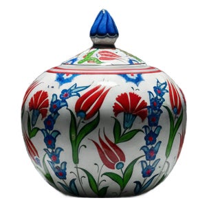 Handmade Ceramic Lidded Bonbonniere Jar Red Tulips and Carnations Round Globe For Sale