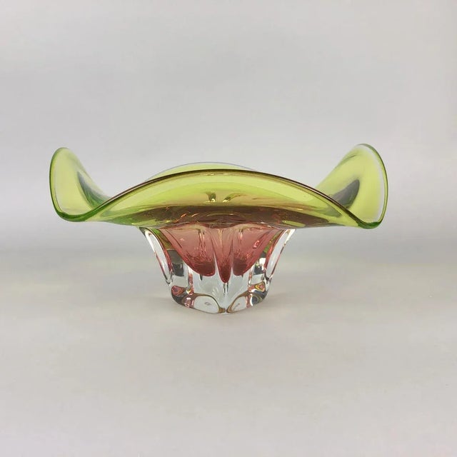 Beautiful vintage art glass bowl made by the famous Chribska Glasswork in former Czechoslovakia in the 1960s. There is an...