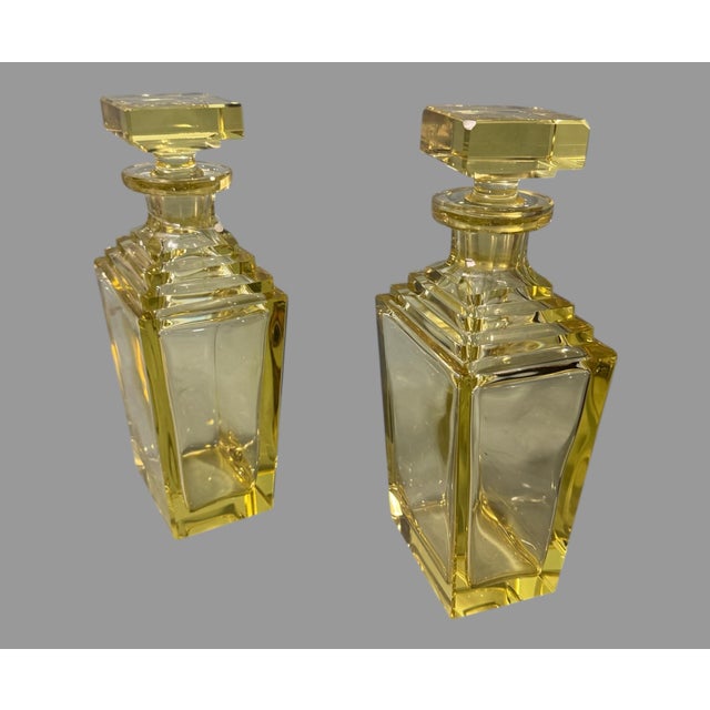Vintage Retro Art Deco 10" Yellow Glass Decanter Bottles - a Pair For Sale - Image 6 of 12
