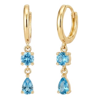Blue Topaz Drop Huggies Hoops Earrings | Blue Gemstone Earrings | Minimalist December Birthday Gift - A Pair For Sale
