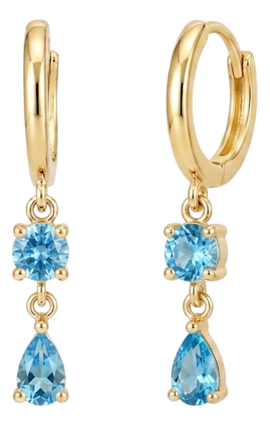 Blue Topaz Drop Huggies Hoops Earrings | Blue Gemstone Earrings | Minimalist December Birthday Gift - A Pair