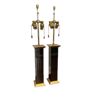 1980s Karl Springer Fluted Column Lamp Pair Brass Gunmetal Signed - a Pair