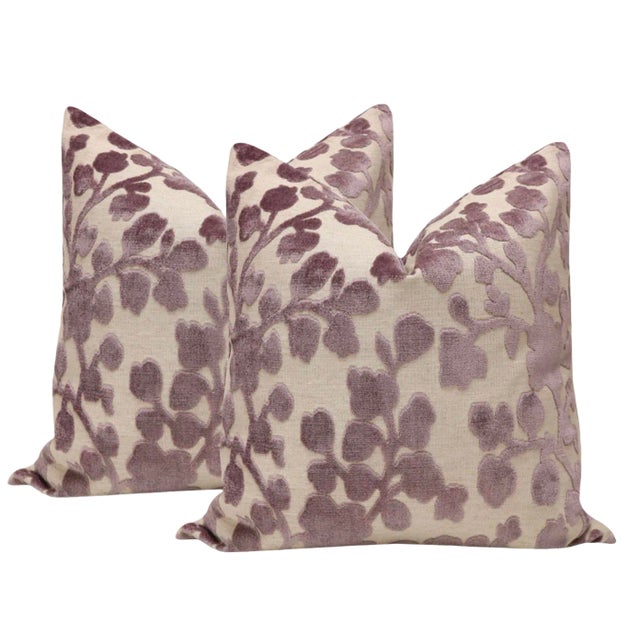 2010s 22" Smokey Lavender Blossom Cut Velvet Pillows - a Pair For Sale - Image 5 of 5