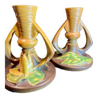 Pair of Roseville Water Lily Candlesticks For Sale