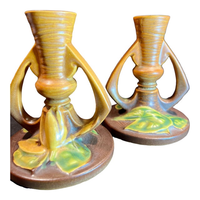 Pair of Roseville Water Lily Candlesticks For Sale