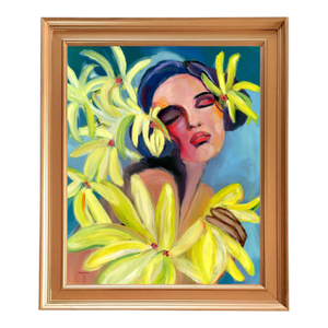 Girl With Bee and Yellow Flowers Contemporary Folk Fine Art Oil Painting by Alexandra Swistak