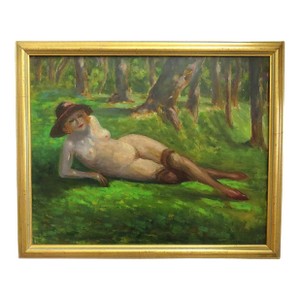 French Nude Impressionist Oil Portrait Painting of a Reclining Woman Mid Century Modern