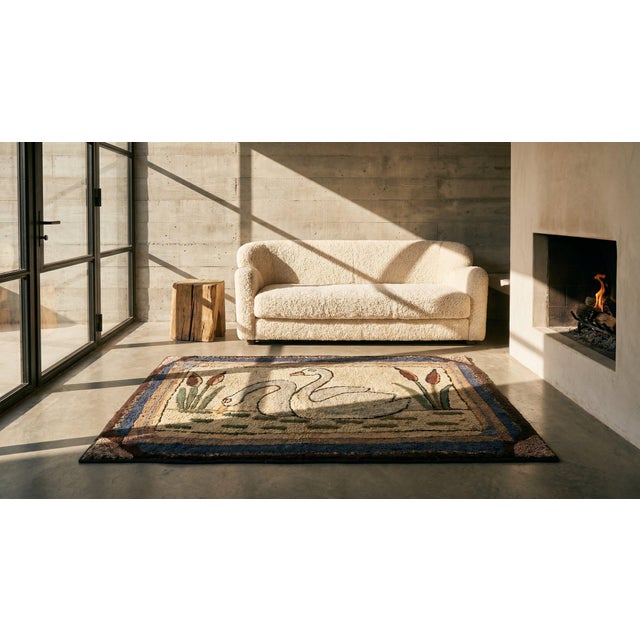 Unique White Ivory Color With Special Animalia Pattern Vintage Pictorial American Hooked Rug For Sale - Image 14 of 14