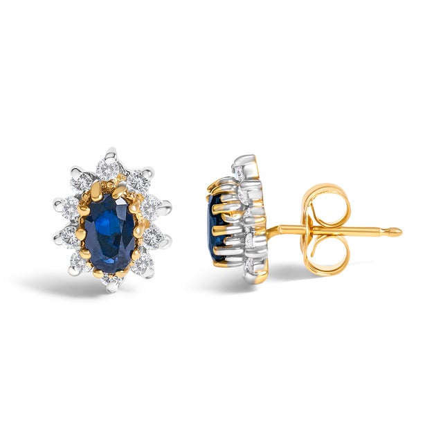 Contemporary 14K Yellow Gold 1/4 Cttw Diamond and Blue Sapphire Sunburst Halo Stud Earrings, A Pair For Sale - Image 3 of 5