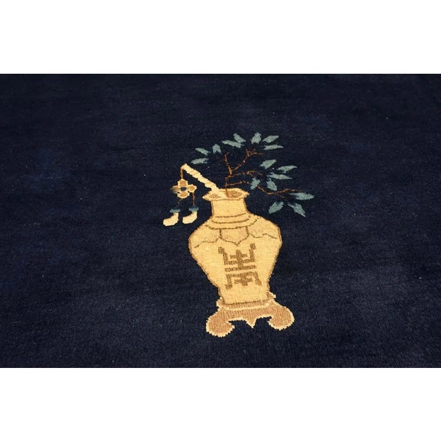 Navy Blue 1920s Blue Navy Vase Minimalist Antique Chinese Peking Knotted Wool Rug Carpet For Sale - Image 8 of 15