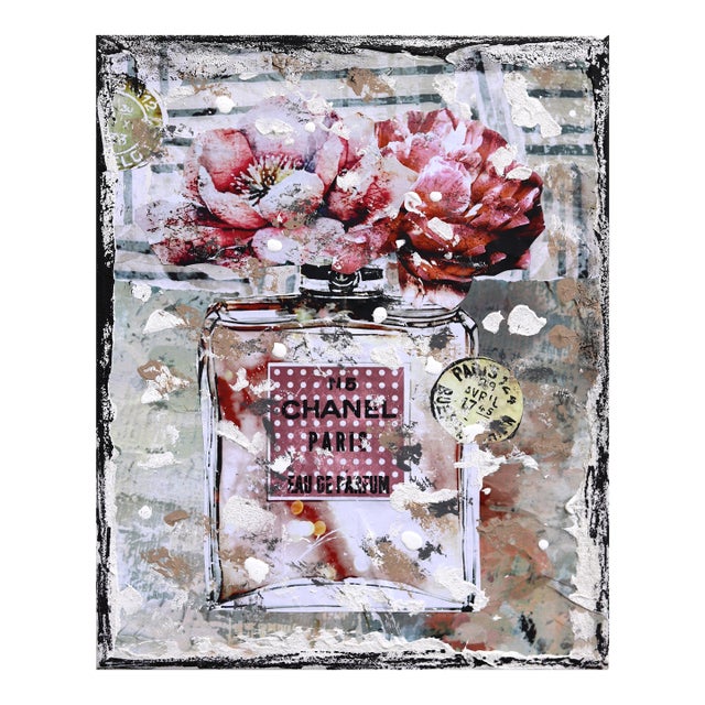 Eau De Chanel - Abstract Floral Perfume Textural Distressed Collage Original Artwork by Marion Duschletta For Sale
