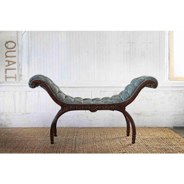 Green French Bench Antique Hand Carved Detail With Tufted Upholstery For Sale - Image 8 of 8