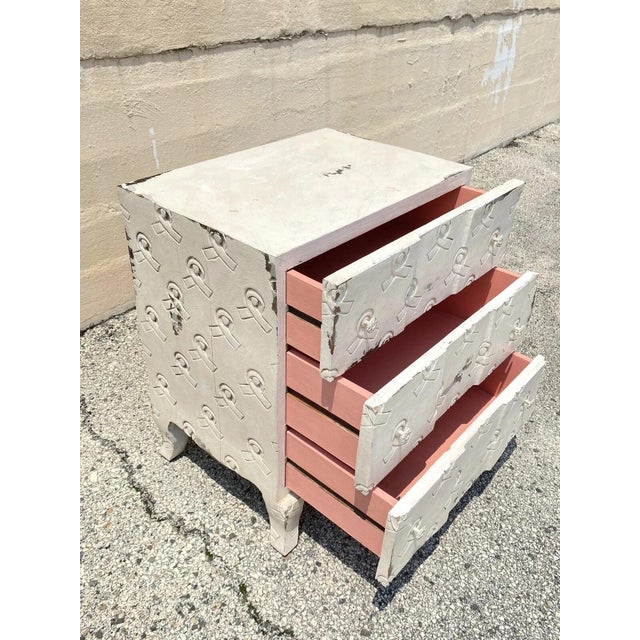 Wood Late 20th Century Breast Cancer Awareness Ribbon 3 Drawer White Carved Wood Chest Nightstand For Sale - Image 7 of 11