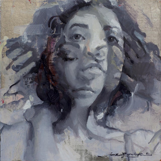 This intimate oil painting captures a close-up study of a figure, their expression reflecting a blend of contemplation and...
