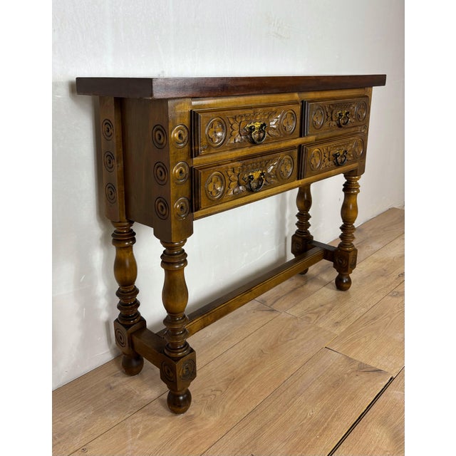 1930s Spanish Renaissance Revival Walnut Console Table with Four Carved Drawers, 1930s For Sale - Image 5 of 11