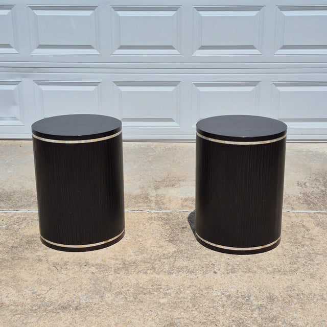 2000s Faux Bois Wood & Mother of Pearl Drum Tables Drink Accent Side Tables, a Pair For Sale - Image 14 of 14