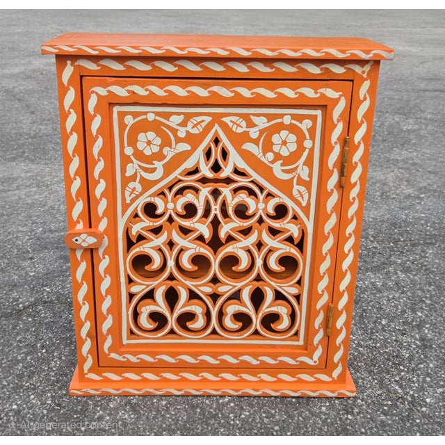 Hand Painted Mediterranean Medicine Cabinet / Wall Shelf / Orange and White Zouak For Sale In Orlando - Image 6 of 6