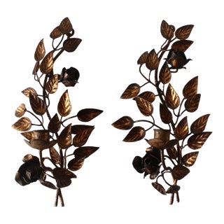 Late 20th Century Hans Kögl Style Gilded Flowers Stems Leaves Wall Mount Candle Holders Sconces - a Pair For Sale