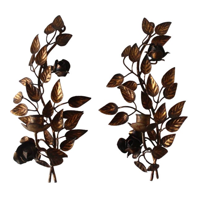 Late 20th Century Hans Kögl Style Gilded Flowers Stems Leaves Wall Mount Candle Holders Sconces - a Pair For Sale
