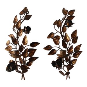 Late 20th Century Hans Kögl Style Gilded Flowers Stems Leaves Wall Mount Candle Holders Sconces - a Pair
