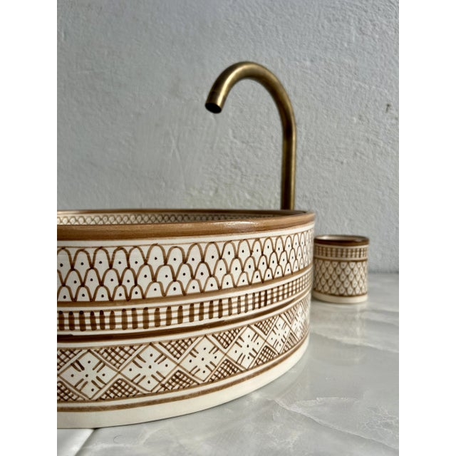 Moroccan Ceramic Caramel Tan Sink for Bathroom, Round Sink Basin With Brass Drain & Soap Holder and Cup - 3 Pieces For Sale - Image 9 of 10