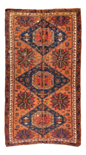 1920s Caucasian Rust Navy Blue Geometric Tribal Soumak Rug