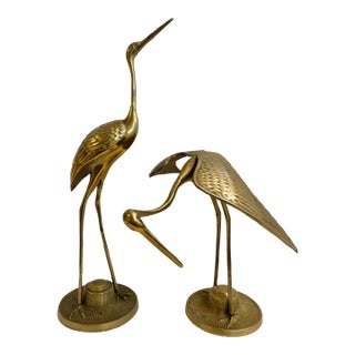 Mid 20th Century Hollywood Regency Chinoiserie Brass Crane Sculptures - A Pair For Sale