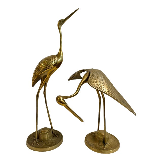 Mid 20th Century Hollywood Regency Chinoiserie Brass Crane Sculptures - A Pair For Sale