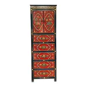 1990s Asian Tibetan Hand Painted Elm Wood Tall Cabinet