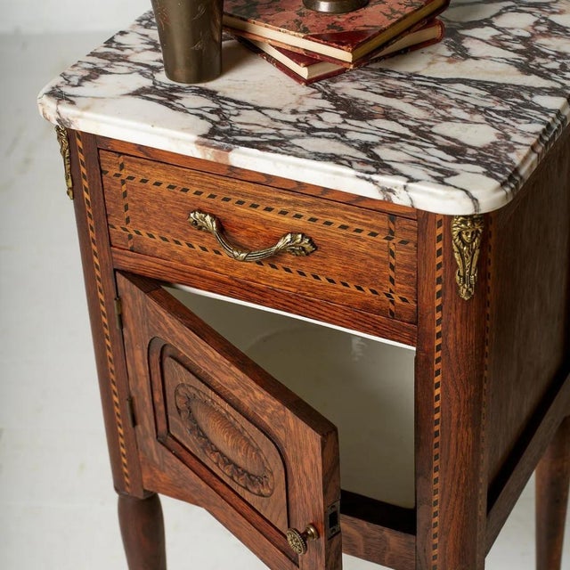Circa 1920s Belgian Louis XVI Style Marble Top Bedside Tables (Set of 2) For Sale - Image 9 of 12